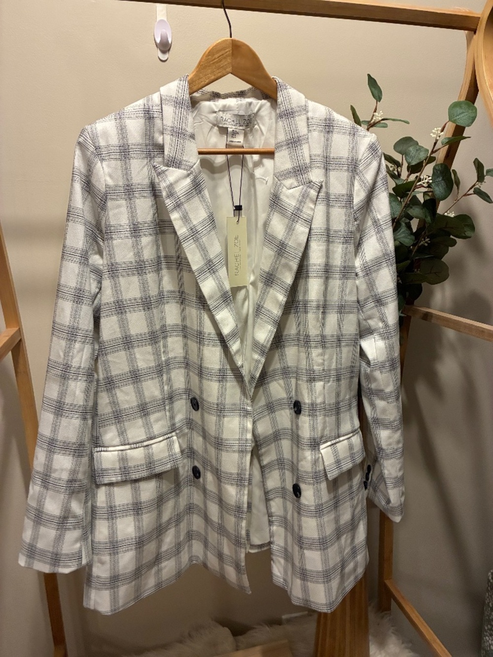 NWT Rachel Zoe Cream and Gray Plaid Double Breasted Blazer